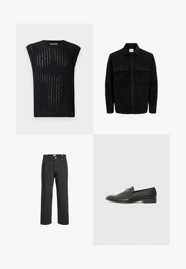 Mustat corduroy-nappi takki, jossa on kaksi etupistotaskua ja klassinen kaulus, pitkät hihat ja ribattu pinta.; Musta lyhythihainen paita, joka on valmistettu kevyestä kankaasta ja jossa on pystysuorat raidat. Ominaisuuksiin kuuluu pyöreä kaula-aukko ja vartalonmyötäinen siluetti.; Musta suoranlahkeinen farkut, valmistettu puuvillasta, joissa on klassinen viiden taskun muotoilu, nappikiinnitys ja hienovaraiset ompeluyksityiskohdat.; Musta nahkakengät, joissa on sileä pinta, koristeelliset ompeleet ja metalliketjun yksityiskohta kengän päällä. Littee korko.