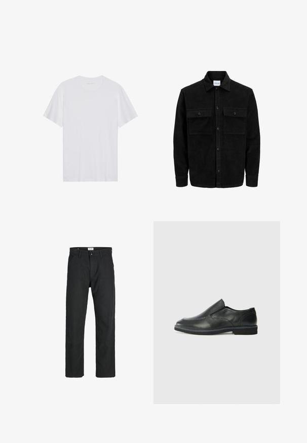 Črna kordurojska jakna z gumbi, z dvema sprednjima žepoma z zavihkom in klasičnim ovratnikom, dolgimi rokavi ter rebrasto teksturo.; Bela bombažna majica s kratkimi rokavi, okroglo izrezana in gladke teksture. Ima minimalno znamčenje na izrezu.; Črne hlače iz trpežnega materiala, s krojem naravnih nog, našitki ter dvema sprednjima žepoma za funkcionalnost.; Črne usnjene natikače z gladkim zgornjim delom, prišitimi detajli, zaobljenim nosom in nizkim gumijastim petkom. Podplat ima minimalen profil.