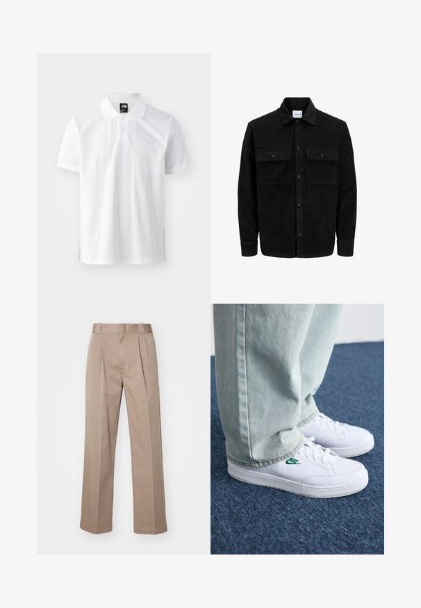Schwarze Corduroy-Button-Up-Jacke mit zwei frontalem Klappentaschen und klassischem Kragen, langen Ärmeln und gerippter Textur.; Weißes Polohemd aus Baumwolle mit einem Knopfverschluss mit zwei Knöpfen, kurzen Ärmeln und einem dezenten gestickten Logo auf der Brust.; Beige, hoch taillierte Hosen mit weit geschnittenem Design. Verfügbar mit zwei Vorderfalten und einer glatten Textur. Standardlänge mit einem sauberen Finish.; Weiße Leder-Sneaker mit grünem Nike-Logo, runde Zehenpartie, flache Sohle, kombiniert mit hellblauen Jeans, präsentiert auf einem blauen Teppich.