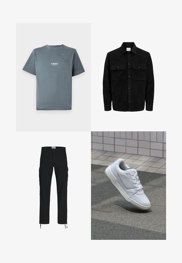 Czarna kurtka z korduru z guzikami, z dwoma przednimi kieszeniami na klapki oraz klasycznym kołnierzem, długimi rękawami i ryżowym splotem.; Szara bawełniana koszulka z okrągłym dekoltem, krótkimi rękawami i małym białym logiem "JJ Studios" na piersi. Gładka tekstura i luźny krój.; Czarne spodnie cargo o prostym kroju, z bocznymi kieszeniami, zapięciem na guzik i elastycznymi sznurkami przy kostkach. Wykonane z trwałego materiału.; Białe skórzane trampki z perforowanymi bokami, teksturowanymi akcentami, płaskimi sznurowadłami i kontrastującym szarym obcasem. Posiadają lekko podniesioną podeszwę.