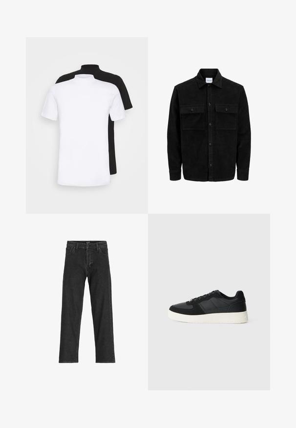 Svart kordfløyels knappjakke med to frontlommer med klaff og klassisk krage, lange ermer og ribbet tekstur.; To korteermede t-skjorter, en hvit og en svart, med høyt halsdesign laget av mykt bomullsmateriale.; Sorte denimjeans med rett ben-design, som har glidelås, beltehemper og seks lommer, laget av et slitesterkt bomullsmateriale.; Svart lavtopp sneakers med teksturert lær og semskede paneler, hvit gummisåle og svarte snørebånd på en enkel lys bakgrunn.