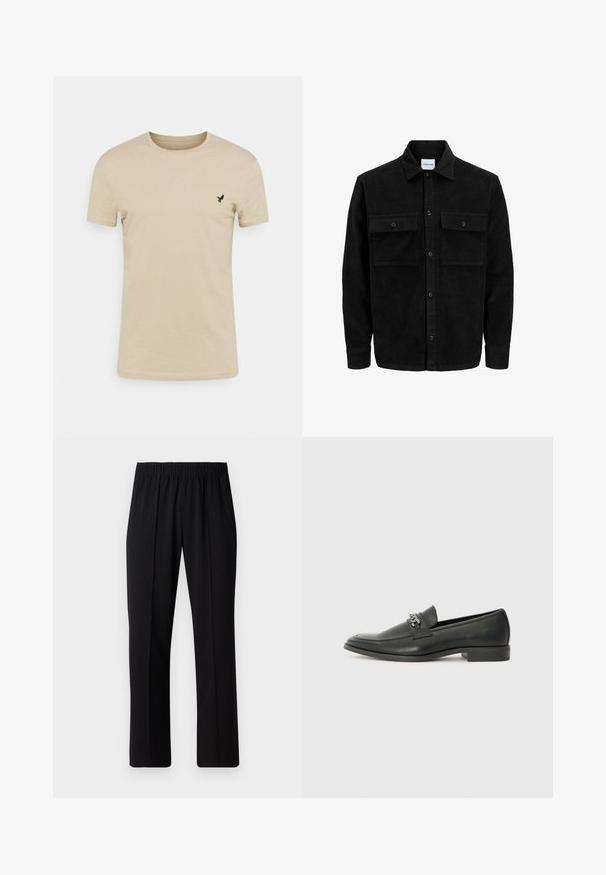 Svart kordflodjacka med knappar, två framfickor med klaff och klassisk krage, långa ärmar och ribbad textur.; Beige T-shirt med kort ärm i mjukt tyg, med rund halsringning och en liten svart fågel-logga på vänster bröst.; Svart, elastisk midja byxor med raka ben, med en mjuk yta och utan synliga mönster eller metalldetaljer.; Svart läderloafers med en slät yta, med en sydd design och en dekorativ metallkedjeaccent över västen. Platt häldesign.