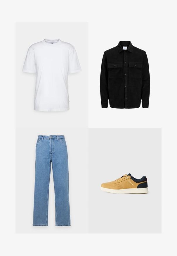 Giacca in corduroy nera con bottoni, due tasche anteriori con patta, colletto classico, maniche lunghe e texture a coste.; T-shirt bianco in cotone con collo rotondo, maniche corte e orlo dritto. Presenta un piccolo etichetta del marchio sul lato sinistro.; Jeans in denim blu chiaro a gamba dritta con un classico design a cinque tasche, dotati di chiusura frontale con bottone e passanti per cintura. Texture liscia.; Sneaker in pelle tan con accenti blu navy, punta rotonda, dettagli perforati e suola in gomma bianca. Presenta una chiusura con lacci e un logo sul lato.