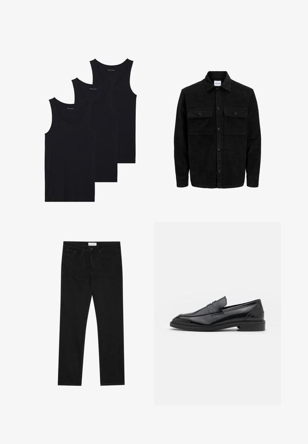 Chaqueta de pana negra con botones, dos bolsillos delanteros con solapa y un cuello clásico, mangas largas y textura acanalada.; Tres camisetas de tirantes negras de algodón con textura de canalé, con un escote redondo y sin mangas, apiladas ordenadamente.; Jeans negros de pierna recta con diseño de cinco bolsillos, cierre de botón y cremallera, y etiqueta de la marca Pier One en la cinturilla.; Mocasines de cuero negro con un acabado suave, que presentan una punta redondeada y una banda estrecha en la parte superior. Tacón bajo apilado.
