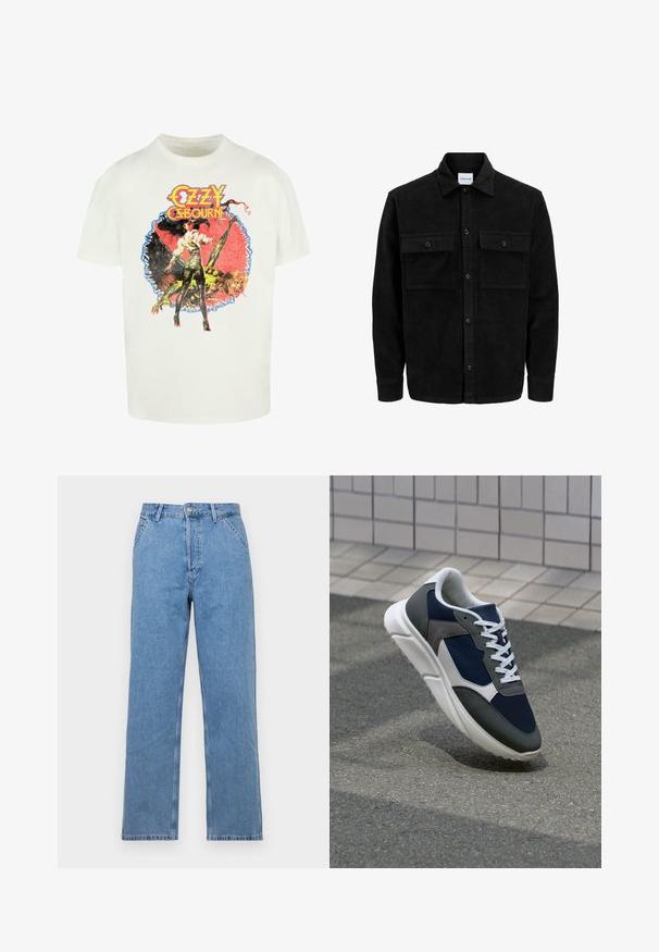 Crni kožni kord jakna na dugmad s dva prednja džepa s preklopom i klasičnim ovratnikom, dugim rukavima i rebrastom teksturom.; Bijela pamučna majica s šarenim grafičkim otiskom žene i stvorenja, s natpisom "Ozzy Osbourne" u podebljanim, stiliziranim slovima.; Svijetloplavi traper hlače ravnog kroja s klasičnim dizajnom od pet džepova, sa prednjim zatvaranjem na gumb i petljama za remen. Glatka tekstura.; Tenisice s gornjim dijelom od mrežastog materijala tamnoplave boje, siva antilopova naglašavanja, bijela gumena potplat i ravne bijele vezice, dizajnirane za udobnost i prozračnost.