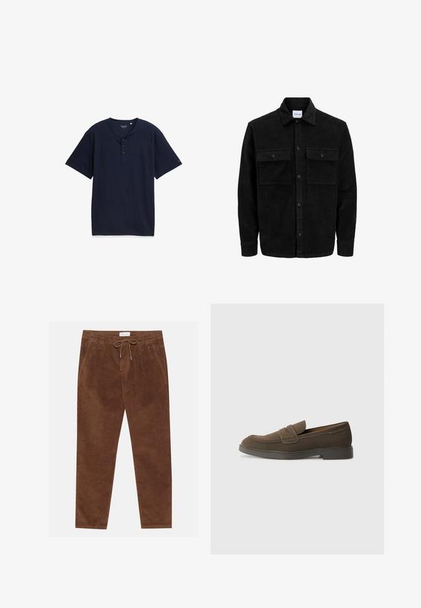 Zwarte corduroy knopenjack met twee voorste klepzakken en een klassieke kraag, lange mouwen en ribbelstructuur.; Marineblauwe henley shirt met korte mouwen, textuurstrepen, een placket met drie knopen en een ronde halslijn. De stof is zacht en licht van gewicht.; Pier One Broek - brown; Bruine suède instap schoenen met een ronde neus, een band over de wreef en een plat rubberen zool. Eenvoudig ontwerp met strakke lijnen en minimale details.