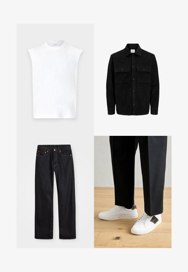Mustmustöös nupuga jope, millel on kaks eesmist klapiga taskut ja klassikaline kaelus, pikad varrukad ning ribakujuline tekstuur.; Valge ilma varrukateta pluus kõrge kaelusega, sileda puuvillase materjaliga, pikendatud kujuga ja puhtas, minimalistikus disainis.; Meeste sirge jala mustad denim teksad viie taskuga, oranž õmblus, nupu ja tõmblukuga ees nagu vöökoht.; Valged sneakersid siledat tekstuurist, millel on pruunad nahast detailid ja mustad aksessuaarid, millele on sobitatud mustad kohandatud püksid. Puitpõranda taust.
