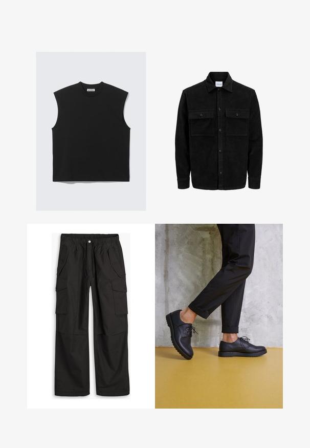 Giacca in corduroy nera con bottoni, due tasche anteriori con patta, colletto classico, maniche lunghe e texture a coste.; Top senza maniche nero realizzato in morbido cotone, con scollatura rotonda e silhouette a scatola con bordi puliti.; Pantaloni cargo neri con cintura elastica, chiusura a bottoni e zip, e numerose tasche a pattina con bottoni sul davanti e sui lati.; Scarpe stringate in pelle nera con punta arrotondata, superficie testurizzata e suola in gomma spessa. Indossate con pantaloni neri arrotolati su uno sfondo di cemento.