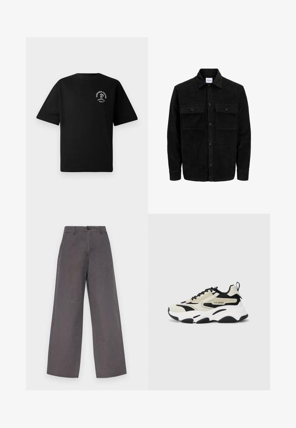 Čierna kordúrová bunda s gombíkmi, dvoma prednými vreckami so záklopkou a klasickým golierom, dlhými rukávmi a ryhovanou textúrou.; Čierne tričko s krátkym rukávom s malým bielym logom na hrudi, ktoré zobrazuje kávovar a text "Cortado Coffee Original 2013."; Šedé široké nohavice z bavlny s gombíkovým zapínaním, pútkami na opasok a prednými vreckami. Hladká textúra s minimálnymi detailami šitia.; Masívna sneakerka s béžovým a čiernym sieťovým zvrškom, bielou medzipodrážkou, čiernou gumovou podrážkou a detailom loga po boku.