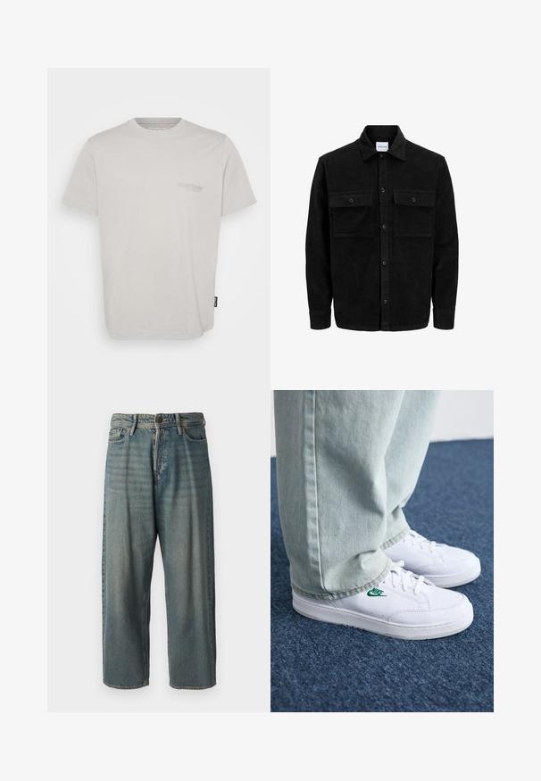 Juodas velveto mygtukų švarkas su dviem priekiniais kišenėmis su atvartais, klasikiniu apykakle, ilgomis rankovėmis ir raukšlėtu paviršiumi.; Šviesiai pilkas medvilninis marškinėliai su trumpomis rankovėmis, apvaliu kaklu ir mažą logotipą spausdintą kairėje krūtinės pusėje. Yra tiesus apvadas ir šoninė etiketė.; Šviesiai mėlyni džinsai su laisvu siluetu, vidutinio aukščio juosmeniu ir tiesiomis kojomis. Su penkiais kišenėmis, diržo kilpo ir mygtukų uždarymu.; Balti odiniai sportbačiai su žaliu Nike logotipu, apvalia nosimi, plokščiu padu, derinami su šviesiai mėlynomis džinsinėmis kelnėmis, rodomi ant mėlynos kiliminės dangos.