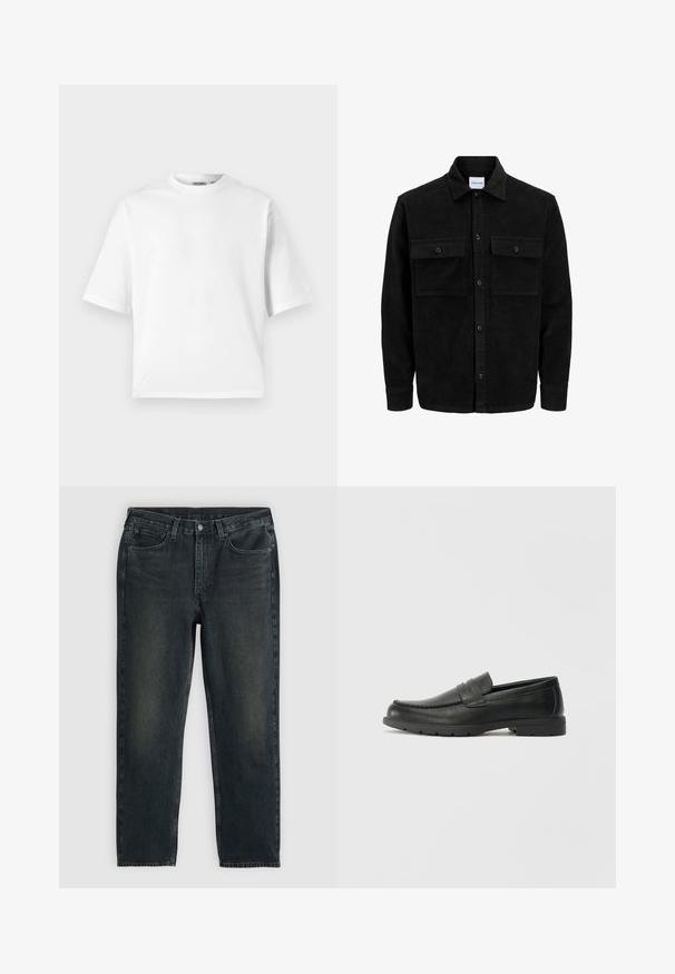 Jachetă din catifea neagră, cu butoni, două buzunare frontale cu clapetă și un guler clasic, mâneci lungi și textură ribbed.; Tricou alb cu mânecă scurtă, fabricat din bumbac. Are un guler clasic de tip crew și o croială lejeră, cu o textură netedă. Fără modele sau accente.; Blugi din denim de culoare albastru închis, cu croi drept, având cinci buzunare, fermoar și cusături în contrast. Ușor uzate pe material.; Labeled cu oglindă din piele neagră cu un finisaj neted, partea superioară în stil mocasin, detalii cusute și o talpă din cauciuc. Design clasic cu un toc jos.