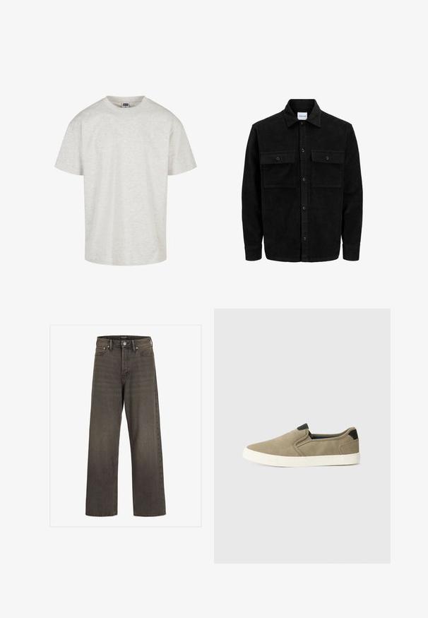 Jachetă din catifea neagră, cu butoni, două buzunare frontale cu clapetă și un guler clasic, mâneci lungi și textură ribbed.; Tricou din bumbac gri deschis, cu mâneci scurte, guler rotund și croială lejeră. Material texturat cu un model subtil melanj.; Blugi cu picioare largi din denim gri închis, cu talie înaltă, design clasic cu cinci buzunare și cusături contrastante pe cusături.; Pantofi slip-on taupe cu un material superior texturat, accent pe toc negru în contrast și talpă din cauciuc alb. Design perforat pentru respirabilitate.