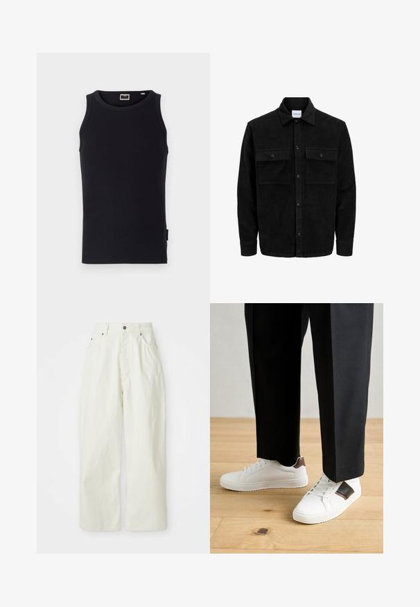 Melnas kordūru pogu jaka ar divām priekšējām atloka kabatām un klasisku apkakli, garām piedurknēm un ribotu tekstūru.; Melna bez piedurknēm topiņš, izgatavots no kokvilnas, ar ribotu tekstūru, apaļu kakla izgriezumu un mazu sānu birku. Vienkāršs, pieguļošs dizains.; Baltie vaļīgas bikses, izgatavotas no kokvilnas, ar augsto jostasvietu, piecām kabatām un metāla pogas aizdari. Gluda tekstūra ar minimālistisku dizainu.; Baltā pārsoļa apavi ar gludu tekstūru, papildināti ar brūniem ādas akcentiem un melniem elementiem, savienoti ar melnām pielāgotām biksēm. Koka grīdas fons.