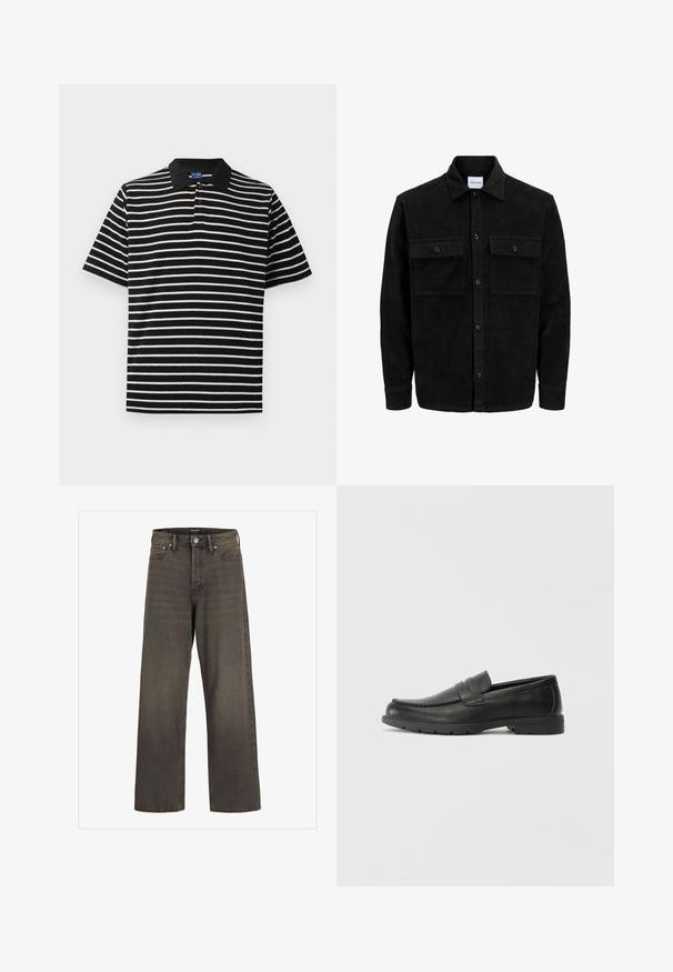 Mustmustöös nupuga jope, millel on kaks eesmist klapiga taskut ja klassikaline kaelus, pikad varrukad ning ribakujuline tekstuur.; Mustvalge triibuline polo särk lühikeste varrukatega, must kaelus ja kolm nööpi kaela juures. Pehme kangatekstuur.; Laia säärtega sinimustad teksad tumeda halli denimi, kõrge talje, klassikalise viie tasku disaini ning kontrastsete õmblustega õmblustel.; Musthave nahkkingad siledast nahast, mokassiini stiilis ülevalt, tikanditega ja kummist tallaga. Klassikaline disain madala kontsaga.