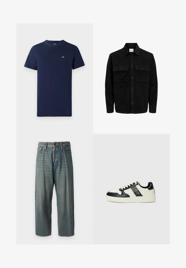 Čierna kordúrová bunda s gombíkmi, dvoma prednými vreckami so záklopkou a klasickým golierom, dlhými rukávmi a ryhovanou textúrou.; Námornícky modré bavlnené tričko s krátkymi rukávmi, okrúhlym výstrihom a malým vyšitým logom na hrudníku. Jednoduchý dizajn, nezdobená textúra.; Svetlomodré denimové nohavice so voľným strihom, stredne vysokým pásom a rovnými nohavicami. Obsahujú päť vreciek, pútka na opasok a zapínanie na gombík.; Kožené tenisky v čierno-krémovej farbe, s perforovanými akcentmi, polstrovaným golierom a štruktúrovanou podrážkou.