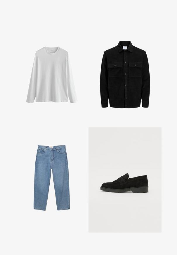 Czarna kurtka z korduru z guzikami, z dwoma przednimi kieszeniami na klapki oraz klasycznym kołnierzem, długimi rękawami i ryżowym splotem.; Biała bawełniana koszulka z długim rękawem, z okrągłym dekoltem i luźnym krojem. Gładka tekstura, bez wzorów ani akcentów. Metka widoczna wewnątrz kołnierza.; Jasnoniebieskie dżinsy o prostym kroju nogawki, pięć kieszeni, z widoczną metką marki na pasku.; Czarne zamszowe mokasyny z niskim obcasem, z prostą taśmą na górze i teksturowanymi detalami po bokach.