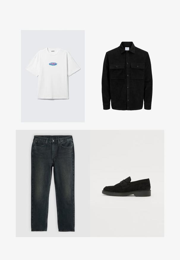 Černá kordurová košile s knoflíky, dvěma předními klopovými kapsami a klasickým límcem, dlouhými rukávy a vroubkovanou texturou.; Bílý bavlněný tričko s oversized střihem, na přední straně s barevným grafickým designem v růžové a modré barvě. Kulatý výstřih, krátké rukávy.; Tmavě modré džíny z denimu se střihy rovnými nohavicemi, obsahující pět kapes, zipový pas a kontrastní šití. Jemné blednutí na látce.; Černé semišové mokasíny s nízkým podpatkem, s jednoduchým páskem přes horní část a texturovanými detaily po stranách.