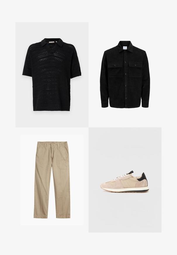 Chaqueta de pana negra con botones, dos bolsillos delanteros con solapa y un cuello clásico, mangas largas y textura acanalada.; Polo negra de manga corta con un diseño texturizado y de punto abierto. Presenta un escote en V y está confeccionada con una tela suave y tejida. Estilo minimalista y transpirable.; Chinos beige de pierna recta con trabillas para cinturón, cierre de botón y cremallera en la parte delantera, y bolsillos delanteros inclinados.; Zapatillas de ante beige con paneles de malla, cordones blancos y un acento negro en el talón. Suela blanca gruesa con una franja negra que añade contraste.