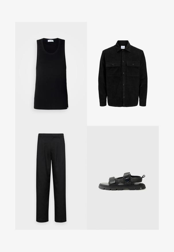 Mustmustöös nupuga jope, millel on kaks eesmist klapiga taskut ja klassikaline kaelus, pikad varrukad ning ribakujuline tekstuur.; Must värviga ilma varrukateta T-särk, mis on valmistatud puuvillast, ümarate krae ja lihtsa disainiga, millel on õrn brändi silt allservas.; Mustad mustadest riietest, millel on sirge jalgade disain, kaks eesmist voltimist ja tavaline vöökoht, millel on vöökohad.; Mustad sandaalid tekstureeritud kangast pealsega, laiad rihmad, metallist kinnituse aktsendid ja paks kummist tallaga, millel on lõhkumismuster.