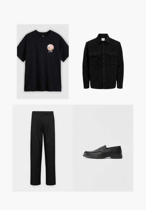 Juodas velveto mygtukų švarkas su dviem priekiniais kišenėmis su atvartais, klasikiniu apykakle, ilgomis rankovėmis ir raukšlėtu paviršiumi.; Juodas medvilninis marškinėliai su apvaliu grafiniu dizainu pastelinių spalvų, vaizduojančiu kraštovaizdį ir žodį "Levis" po grafika.; Juodi kelnių modeliai, pagaminti iš lygios medžiagos, turi tiesią kojas, du priekiniai klostės ir standartinę juosmenį su diržo kilpomis.; Juodai odiniai loaferiai su sklandžiu paviršiumi, mokasino stiliaus viršus, siuvinėjimu ir guminėmis padangomis. Klasikinis dizainas su žemu kulnu.