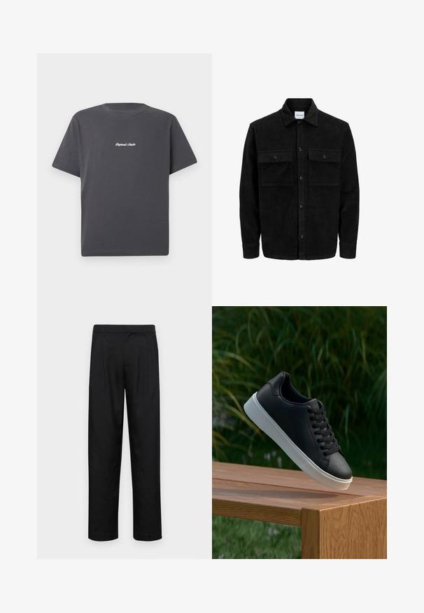 Giacca in corduroy nera con bottoni, due tasche anteriori con patta, colletto classico, maniche lunghe e texture a coste.; T-shirt in cotone grigio scuro con maniche corte, colletto rotondo e testo ricamato bianco "Original Studio" sul petto. Design semplice.; Pantaloni neri realizzati in tessuto liscio, caratterizzati da un taglio dritto, due pieghe frontali e una vita standard con passanti per la cintura.; Sneaker in pelle nera con una texture liscia, suola in gomma bianca e sei grommet per i lacci, posizionata su una superficie di legno.
