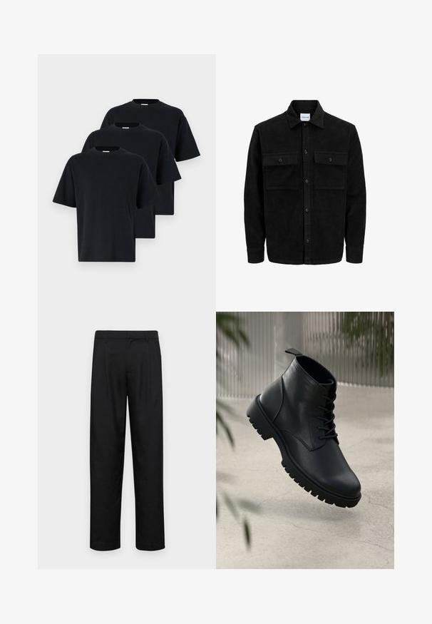 Jachetă din catifea neagră, cu butoni, două buzunare frontale cu clapetă și un guler clasic, mâneci lungi și textură ribbed.; Trei tricouri negre din bumbac au un decolteu clasic, cu mâneci scurte și o croială lejeră, având o textură netedă și uniformă.; Pantaloni negri dintr-un material neted, cu un design drept, două pliuri frontale și un tiv standard cu bucle pentru curea.; Botine din piele neagră până la gleznă, cu vârf rotund, design cu şireturi şi talpă din cauciuc robustă. Textură netedă cu o bandă de prindere în spate.