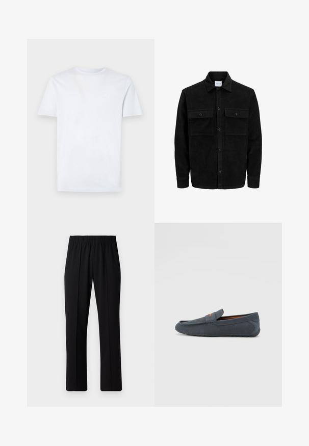 Svart kordfløyels knappjakke med to frontlommer med klaff og klassisk krage, lange ermer og ribbet tekstur.; Hvit bomull t-skjorte med korte ermer, rund hals og et lite, lysfarget kvadratlapp på venstre bryst.; Svart, elastisk midjebukser med rett ben-design, med en glatt tekstur og uten synlige mønstre eller maskinvare.; Grå perforerte loafers med slip-on design, med oransje detaljer, rund tå og teksturert gummisåle.