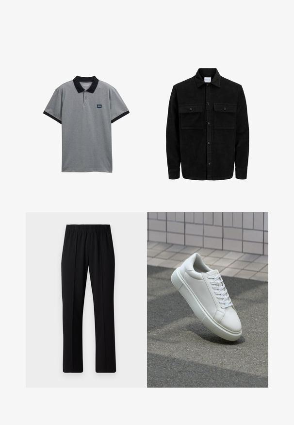 Mustat corduroy-nappi takki, jossa on kaksi etupistotaskua ja klassinen kaulus, pitkät hihat ja ribattu pinta.; Harmaa polo-paita, jossa on musta kaulus ja hihavarret. Kolme nappia edessä ja pieni logopainatus rinnassa. Puuvillasekoitekudos.; Mustat, joustavat vyötäröhousut suoralla lahkeella, joissa on sileä pinta ilman näkyviä kuvioita tai metalliosia.; Valkoinen nahkainen lenkkari, jossa on sileä pinta, pyöreä kärki ja tasaiset valkoiset nauhat. Varustettu teksturoidulla kumi-pohjalla ja vähäisillä muotoiluelementeillä.