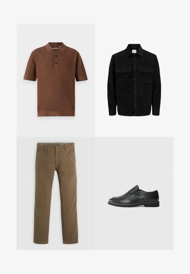 Crni kožni kord jakna na dugmad s dva prednja džepa s preklopom i klasičnim ovratnikom, dugim rukavima i rebrastom teksturom.; Smeđi pleteni polo majica s teksturiranim uzorkom, kratkim rukavima, plaketom s tri gumba te rebrastim ovratnikom i rubovima.; Khačane pamučne hlače ravnog kroja, s zatvaranjem na dugme, dva prednja džepa i glatkom teksturom.; Crne kožne cipele na sklapanje s glatkom gornjom površinom, prošivenim detaljima, zaobljenim vrhom i niskim gumene potplate. Potplat ima minimalne uzorke.