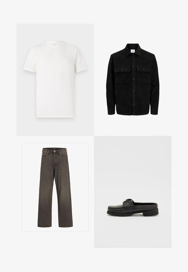 Sort fløjl button-up jakke med to frontlommer og klassisk krave, lange ærmer og ribbet tekstur.; Kortærmet T-shirt med rund hals i off-white, lavet af en blød bomuldsblanding med en let struktureret finish og uden synlige mønstre eller accenter.; Bredde ben jeans i mørkegrå denim med høj talje, klassisk fem-lommer design og kontrasterende syninger langs sømmene.; Sorte læderslipsko med snøre-detalje, rund tå og tekstureret sål. Har en let hævet hæl og glat overflade.