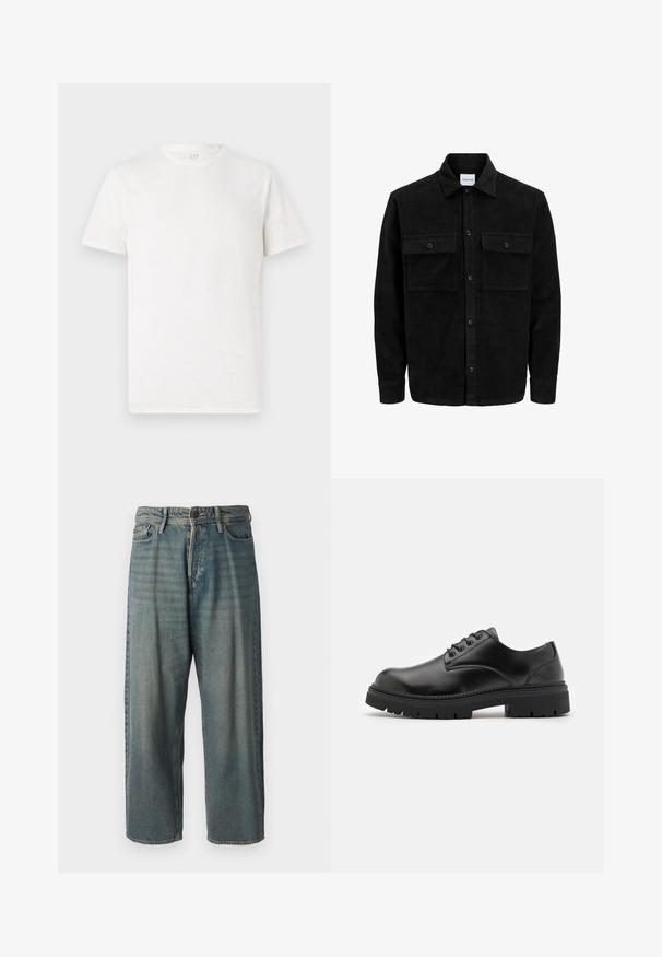 Crni kožni kord jakna na dugmad s dva prednja džepa s preklopom i klasičnim ovratnikom, dugim rukavima i rebrastom teksturom.; Majica kratkih rukava s okruglim izrezom u boji slonovače, izrađena od mekog pamuka s blagim teksturiranim završetkom i bez vidljivih uzoraka ili akcenta.; Svijetloplave traperice s širokim krojem, srednjim pojasom i ravnim nogavicama. Ima pet džepova, petlje za remen i kopčanje na gumb.; Crne kožne cipele s okruglim vrhom, dizajn s vezicama i debelim, teksturiranim gumenim potplatom. Imaju šavove uz rub i glatku završnu obradu.