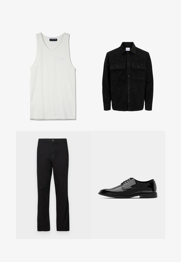 Giacca in corduroy nera con bottoni, due tasche anteriori con patta, colletto classico, maniche lunghe e texture a coste.; Canotta in cotone bianco con scollatura rotonda e spalline sottili. Presenta un logo ricamato delicato in azzurro sul petto.; Pantaloni neri in cotone con design a gamba dritta, dotati di chiusura a bottone, tasche frontali e posteriori, e texture liscia.; Scarpa da uomo in vernice nera con punta tonda, design con lacci e superficie liscia e lucida. Presenta una suola in gomma a profilo basso.