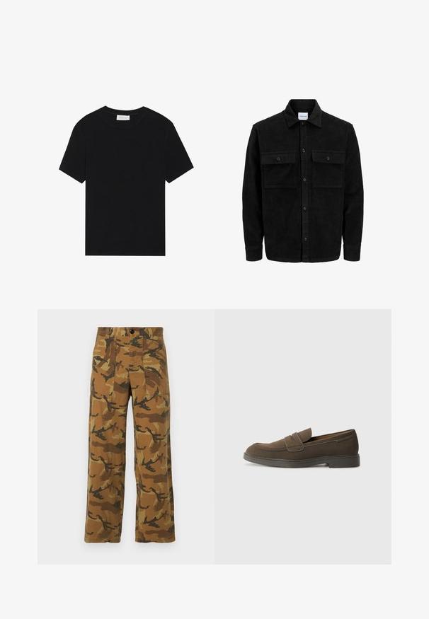 Mustmustöös nupuga jope, millel on kaks eesmist klapiga taskut ja klassikaline kaelus, pikad varrukad ning ribakujuline tekstuur.; Must hõlmik T-särk, mis on valmistatud ribakangast, ümmarguse kaelusega ja lihtsa, kastilise siluetiga.; Kamasooline cargo püksid pruunides ja rohelises toonis, valmistatud kerge materjaliga, millel on neli taskut ja nööp sulgemine.; Pruunist sametist mokassiini ümarate varvastega, rihmaga vampi üle ja lame kummist tald. Lihtne disain puhta joontega ja minimaalsete detailidega.