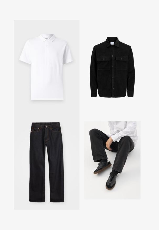 Svart kordflodjacka med knappar, två framfickor med klaff och klassisk krage, långa ärmar och ribbad textur.; Vit polo tröja med klassisk krage, tvåknappsknäppning, korta ärmar och en liten logga på bröstet. Tillverkad av slät tyg.; Svart denimjeans för män med rak passform, fem fickor och orangea sömmar, med knäppning och dragkedja fram i midjan.; Svarta sneakers med en slät och texturerad ovandel, med en gummisula och mörka snören. I kombination med svarta jeans och en vit randig skjorta.