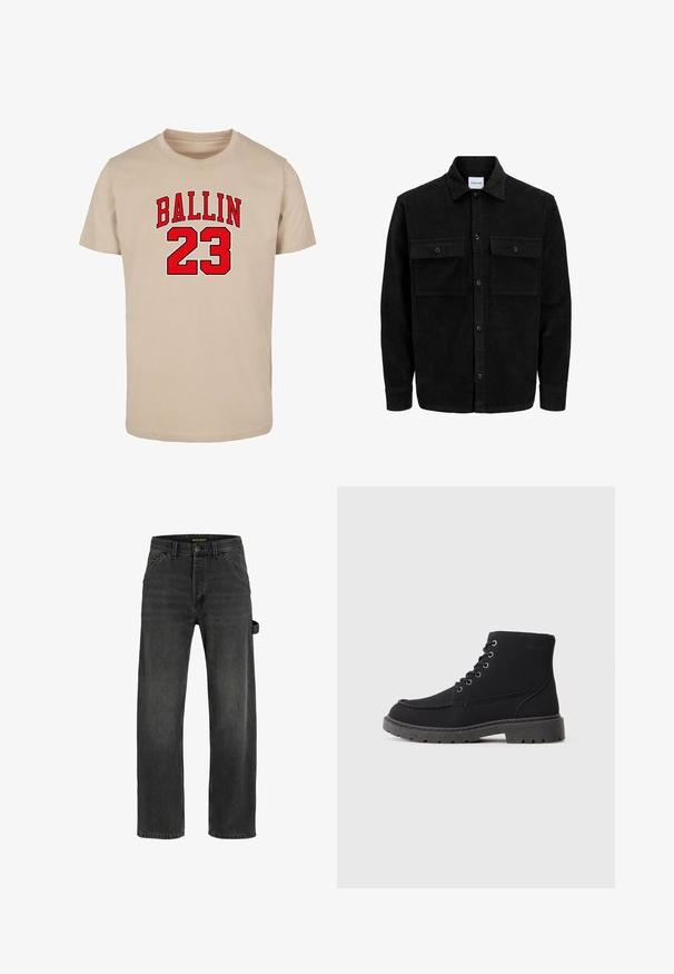 Melnas kordūru pogu jaka ar divām priekšējām atloka kabatām un klasisku apkakli, garām piedurknēm un ribotu tekstūru.; Bežs kokvilnas T-krekls ar sarkanu, treknu tekstu "BALLIN" virs skaitļa "23". Klasiska apaļā kakla dizaina ar īsām piedurknēm.; Tumši pelēki džinsi ar taisnu griezumu, piecām kabatām, metāla pogas aizdari un sānu siksnas detaļu.; Melni potītes zābaki, izgatavoti no teksturēta materiāla, ar plakanu zoli, apaļu purngali un sešām acīm lace. Pastiprināta šuvju gar mala.