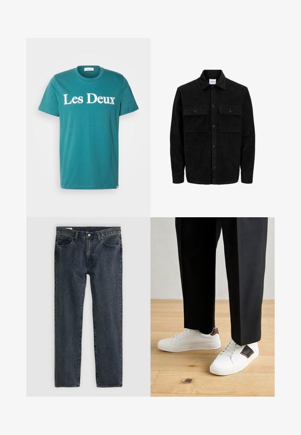 Mustmustöös nupuga jope, millel on kaks eesmist klapiga taskut ja klassikaline kaelus, pikad varrukad ning ribakujuline tekstuur.; Türkiisist puuvillast T-särk ümmarguse kaelusega, millel on rinna kohal suurtes valgetes tähtedes kirjas "Les Deux". Lühikesed varrukad ja otsekandiline lõige.; Tumedat sinised teksapüksid sirge jalaga disainiga, viie taskuga ja nupuga sulgemine. Kanga peal on peenheledus ja tekstuur.; Valged sneakersid siledat tekstuurist, millel on pruunad nahast detailid ja mustad aksessuaarid, millele on sobitatud mustad kohandatud püksid. Puitpõranda taust.