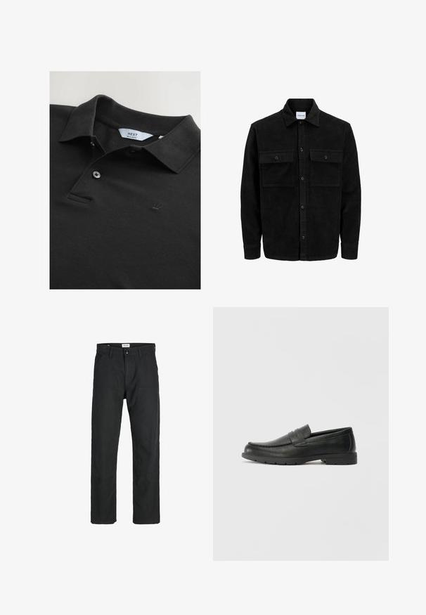 Čierna kordúrová bunda s gombíkmi, dvoma prednými vreckami so záklopkou a klasickým golierom, dlhými rukávmi a ryhovanou textúrou.; Čierne polo tričko vyrobené z textúrovanej látky s golierom, dvoma gombíkmi a malou vyšívanou korunkou na hrudi. Štandardný strih.; Čierne nohavice vyrobené z odolného materiálu, s rovnými nohavicami, prešitými detailmi a dvoma prednými vreckami pre väčšiu funkčnosť.; Čierne kožené mokasíny s hladkým povrchom, vrchnou časťou v štýle mokasín, prešitým detailom a gumovou podrážkou. Klasický dizajn s nízkym podpätkom.