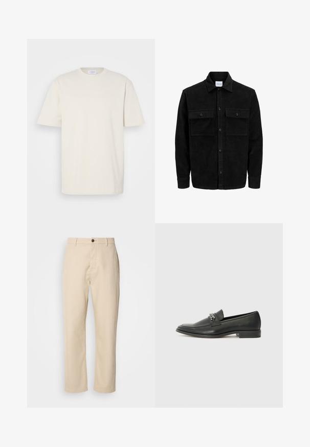 Juodas velveto mygtukų švarkas su dviem priekiniais kišenėmis su atvartais, klasikiniu apykakle, ilgomis rankovėmis ir raukšlėtu paviršiumi.; Trumpas rankovės marškinėliai kreminės spalvos, pagaminti iš medvilnės. Klasikinis apvalios iškirptės dizainas su tiesiu kirpimu ir minimaliais siuvimo elementais.; Bežiniai medvilniniai kelnes su tiesiomis kojomis, priekinis mygtuko uždarymas, šoninės kišenės ir lygus paviršius. Minimalistinis dizainas, be matomų raštų.; Juodos odinės loafer tipo bateliai su lygiu paviršiumi, turintys siuvinėtą dizainą ir dekoratyvų metalo grandinėlės akcentą ant batų viršaus. Plokščias kulnas.
