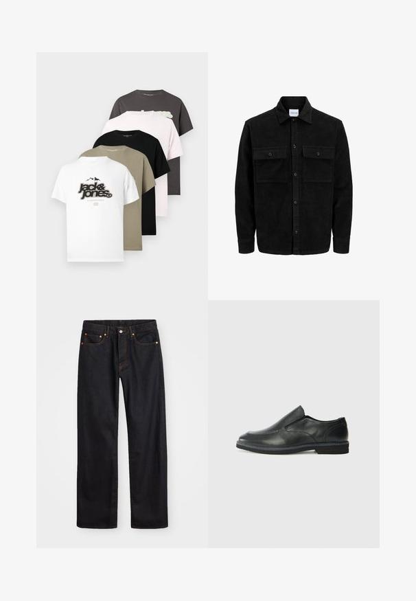 Melnas kordūru pogu jaka ar divām priekšējām atloka kabatām un klasisku apkakli, garām piedurknēm un ribotu tekstūru.; Pieci īsām piedurknēm t-krekli baltā, melnā, olīvu zaļā, gaiši rozā un tumši pelēkā krāsā. Kokvilnas materiāls ar dažādiem logo dizainiem uz priekšpuses.; Vīriešu taisno kāju melnie džinsi ar piecām kabatām un oranžu izšuvumu, ar pogu un zipa aizdari priekšējā jostas daļā.; Melnas ādas slip-on kurpes ar gludu augšdaļu, izšūtām akcentiem, noapaļotu purngala daļu un zemu gumijas papēdi. Zole ar minimālu rakstu.