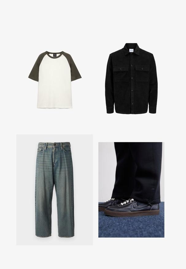 Črna kordurojska jakna z gumbi, z dvema sprednjima žepoma z zavihkom in klasičnim ovratnikom, dolgimi rokavi ter rebrasto teksturo.; T-maica s kratkimi rokavi iz bombaža, bela z dark green raglan rokavi in okroglim ovratnikom.; Svetlomoderne kavbojke z ohlapnim krojem, srednjim pasom in ravnimi nogami. Imajo pet žepov, zanke za pas in zapiranje na gumb.; Nike Sportswear KILLSHOT 2 LTR PRM OPP2 - Športni copati - black sail baroque brown mtlc dk grey