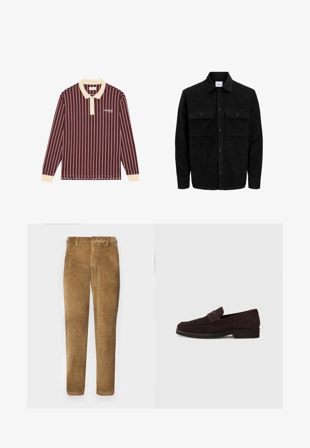 Svart kordflodjacka med knappar, två framfickor med klaff och klassisk krage, långa ärmar och ribbad textur.; Burgundy långärmad polo med krämfärgade vertikala ränder, en krämfärgad krage och broderad logotyp på bröstet, med ribbade muddar.; Bruna kordfløyelsbyxor med vertikal ribbad textur, rak passform, knappstängning och bälteshällor. Slät tyg med en mjuk finish.; Bruna mocka loafers med låg profil och rund tå. Har ett dekorativt band över ovandelen, platt gummisula och ingen synlig sömnad.