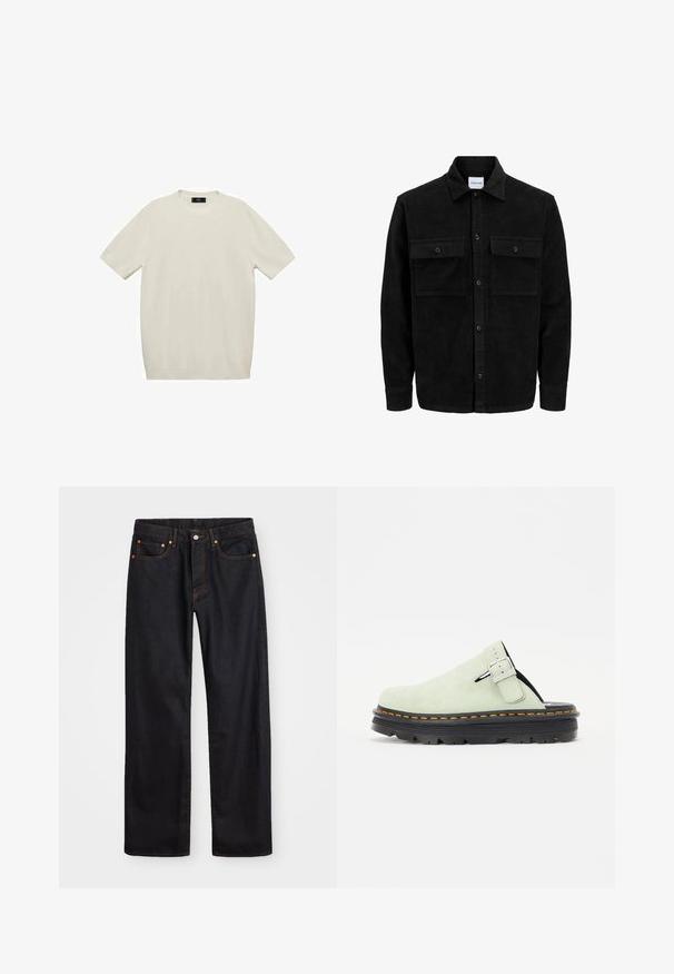 Černá kordurová košile s knoflíky, dvěma předními klopovými kapsami a klasickým límcem, dlouhými rukávy a vroubkovanou texturou.; Krátký rukáv krémového trička vyrobeného z jemné látky, s kulatým výstřihem a rovný střih, bez viditelných vzorů nebo akcentů.; Pánské černé džíny rovného střihu s pěti kapsami a oranžovým prošíváním, s knoflíkem a zipem na předním pásku.; Světlé zelené semišové dřeváky s zaoblenou špičkou, nastavovací sponou a černou texturovanou podrážkou s oranžovými švy.