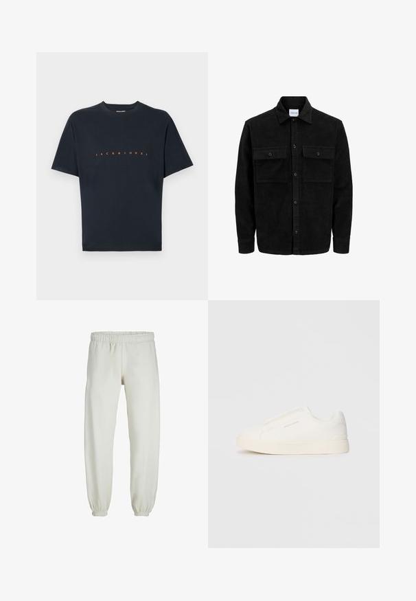 Juodas velveto mygtukų švarkas su dviem priekiniais kišenėmis su atvartais, klasikiniu apykakle, ilgomis rankovėmis ir raukšlėtu paviršiumi.; Juodas medvilninis marškinėliai su trumpomis rankovėmis ir apvalia iškirpte. Priekinėje pusėje parodyta "JACK & JONES" ryškiomis oranžinėmis raidėmis. Lygi tekstūra.; Baltos sportinės kelnės, pagamintos iš minkštos medžiagos, su elastinga juosmeniu ir rankogaliais, turinčios lygią tekstūrą ir laisvą siluetą.; Baltos slip-on sportbačiai su tekstūruota paviršiumi, storesniu padu ir minimalistišku dizainu. Šone matosi prekės ženklo logotipas.