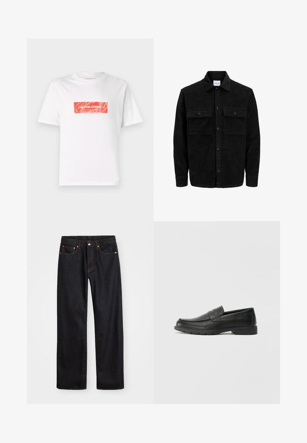 Sort fløjl button-up jakke med to frontlommer og klassisk krave, lange ærmer og ribbet tekstur.; Hvid bomulds t-shirt med et rødt rektangulært logo designet centreret på forsiden med teksten "JACK&JONES" og abstrakte mønstre.; Mænds lige ben sorte denim jeans med fem lommer og orange syninger, knap- og lynlåslukning foran på taljen.; Sorte læderslippers med en glat finish, mokkasin-stil overdel, syninger og gummisål. Klassisk design med en lav hæl.