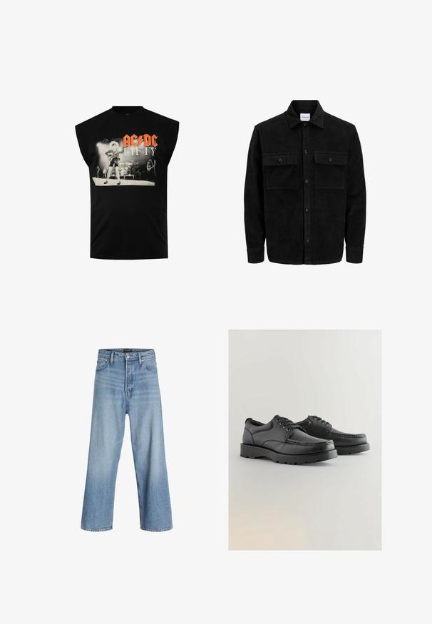 Mustat corduroy-nappi takki, jossa on kaksi etupistotaskua ja klassinen kaulus, pitkät hihat ja ribattu pinta.; Mustat hihattomat T-paidat, joissa on graafinen printti muusikosta kitaran kanssa ja teksti "AC/DC FIFTY" punaisella ja valkoisella. Puuvillamateriaalia.; Vaaleansiniset leveälahkeiset farkut, joissa on korkeavyötärö, klassinen viisi-taskumalli ja napp closure, jossa on vetskari.; Mustat nahkakengät, joissa on teksturoitu pinta, pyöreä kärki, nauhakiinnitys ja paksut kumipohjat, joissa on kuvio.