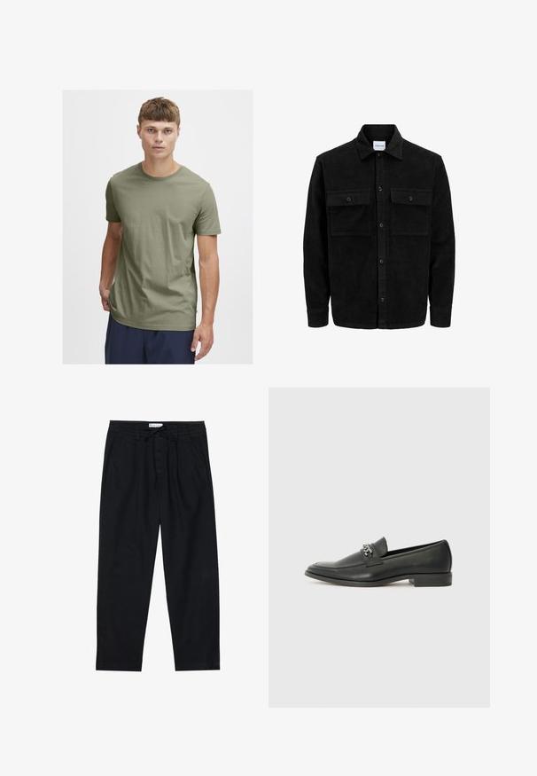 Svart kordfløyels knappjakke med to frontlommer med klaff og klassisk krage, lange ermer og ribbet tekstur.; Olivenfarget bomulls t-skjorte med rund hals og korte ermene; lett, jevn tekstur; ingen mønstre eller synlige detaljer.; Pier One Chinos - black; Sorte skinnloafers med en glatt finish, og med en sydd design og en dekorativ metallkjedeakcent over foten. Flat hæl.