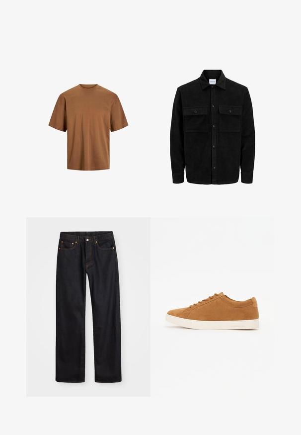 Chaqueta de pana negra con botones, dos bolsillos delanteros con solapa y un cuello clásico, mangas largas y textura acanalada.; Camiseta de manga corta marrón hecha de algodón. Presenta un cuello clásico de tipo crew y un corte relajado con una textura suave y sin adornos visibles.; Jeans de mezclilla negros de pierna recta para hombre, con cinco bolsillos y costuras en color naranja, cierre de botón y cremallera en la parte delantera de la cintura.; Zapatillas de gamuza marrón con un diseño de caña baja, suela de goma blanca y punta redonda. Presentan cordones a juego y un logotipo mínimo en el talón.
