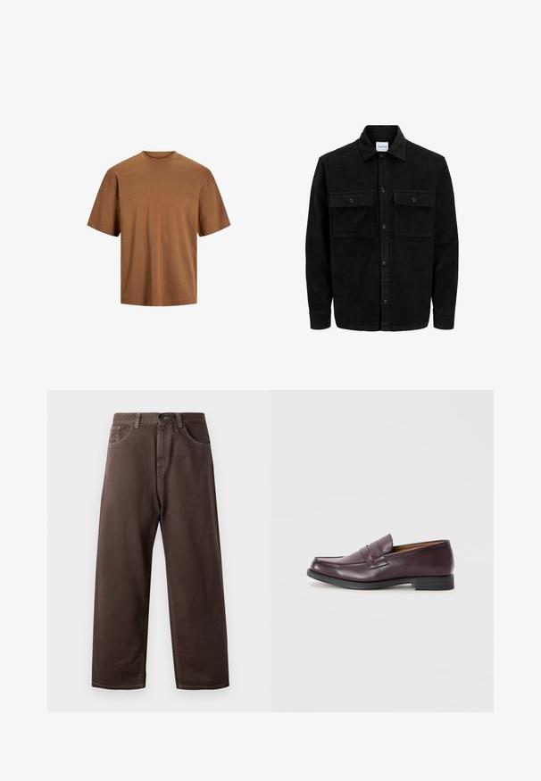 Schwarze Corduroy-Button-Up-Jacke mit zwei frontalem Klappentaschen und klassischem Kragen, langen Ärmeln und gerippter Textur.; Braunes Kurzarm-T-Shirt aus Baumwolle. Mit einem klassischen Rundhalsausschnitt und lockerer Passform, verfügt es über eine glatte Textur und keine sichtbaren Verzierungen.; Braune weite Baumwollhosen mit einem klassischen Five-Pocket-Design, einem Reißverschluss und sichtbaren Nähdetails.; Burgunderfarbene Lederloafers mit abgerundetem Zehenbereich, dezenten Nähten und einer niedrigen schwarzen Sohle. Klassisches Design mit minimalem Schmuck.
