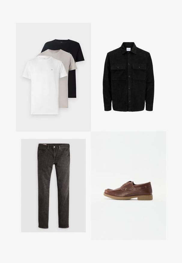 Jachetă din catifea neagră, cu butoni, două buzunare frontale cu clapetă și un guler clasic, mâneci lungi și textură ribbed.; Trei tricouri cu guler rotund, în alb, bej și negru, realizate dintr-un material fin din bumbac, fiecare având un logo mic pe piept.; Jeans negri din denim cu croi slim, având un design cu cinci buzunare, nasture din alamă și textură subtilă. Fără modele vizibile sau embellisări suplimentare.; Pantofii din piele maro pentru bărbați, cu vârful rotunjit, talpa texturată, ochiuri aurii și detalii de cusătură pe partea superioară pentru un design clasic.