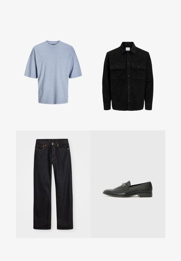 Mustat corduroy-nappi takki, jossa on kaksi etupistotaskua ja klassinen kaulus, pitkät hihat ja ribattu pinta.; Vaaleansininen lyhythihainen t-paita, joka on valmistettu pehmeästä kankaasta. Ominaisuuksiin kuuluu pyöreä pääntie ja rento istuvuus, jossa on ommellut saumat. Yksinkertainen muotoilu, ilman kuvioita.; Miestne čierne rovné džínsy so štyrmi vreckami a oranžovým šitím, zapínanie na gombík a zips na prednom pásku.; Musta nahkakengät, joissa on sileä pinta, koristeelliset ompeleet ja metalliketjun yksityiskohta kengän päällä. Littee korko.